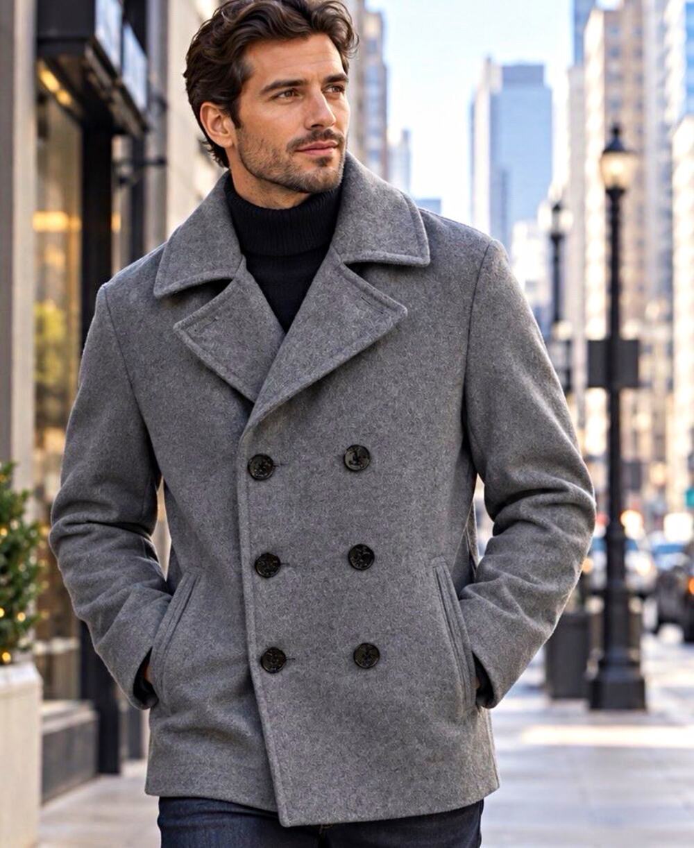 Lands' End Men Pea Coat MT Big & Tall Gray Lined Button Pockets Classic